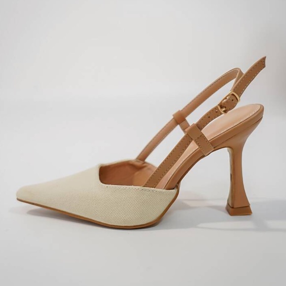 Shoes - Cream / ivory / cognac pointed toe slingback heels heels